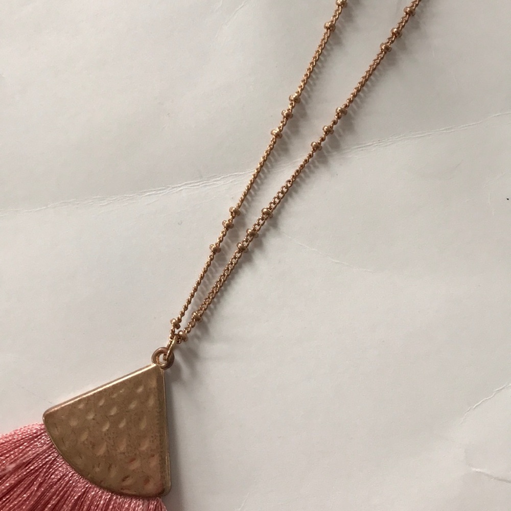Coral Color Long Fringe Pendant Necklace - Picture 3 of 6